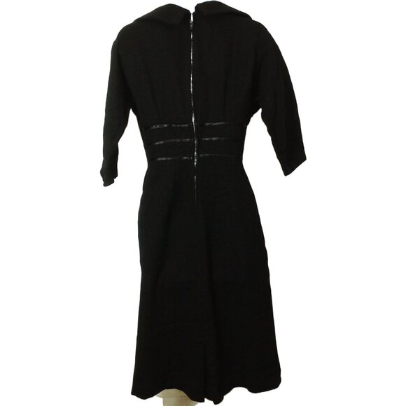 Vintage 50s Little Black Wiggle Dress Lady-M(8) Wool Cowl-Collar Zip-back Fitted - Picture 13 of 14